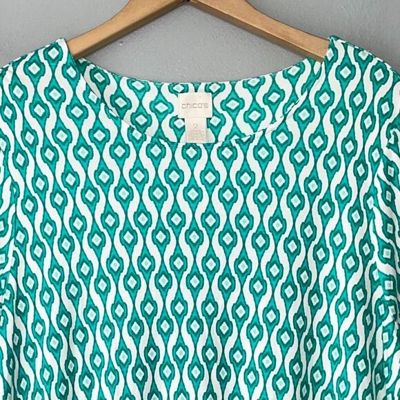 Chicos Womens 2 Size L Ikat Teal Soft Modal Knit Tunic Top Coastal Preppy Chic - Picture 2 of 9
